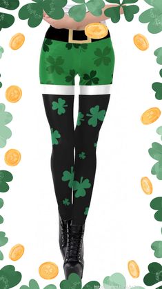 St. Patrick's Day Women Leggings Shamrock Pants Irish Clothing Green Outfit High Waisted Yoga Tight. #leggings #shamrock #clover #green #irish #yoga #pants #tights #fashion #stpatricksday #cute Green Tutu, Black Tennis Shoes, Tights Fashion, Women Leggings, Green Outfit