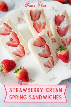 strawberry cream spring sandwiches on a white plate with strawberries around the edges and text overlay