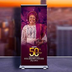 a roll up banner with an image of a woman