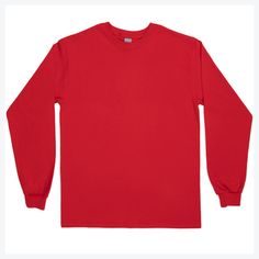 Create a warm and comfortable fashion trend with Red Adult Long Sleeve T-Shirt. This garment boasts a solid color, crew neck style, and sleeves that boast a ribbed cuff to ward away the cold. You can wear it as-is or personalize it with your own embellishments such as fabric paint, rhinestones, iron-on designs, and more. Be comfortable and stylish!     Details:   Size: Large  Content: 100% Cotton  Care: Machine Wash, Cold; Do Not Bleach; Tumble Dry, Low; Do Not Iron; Do Not Dry Clean. Winter T-shirt With Ribbed Cuffs And Crew Neck, Winter Long Sleeve T-shirt With Ribbed Cuffs, Casual Long Sleeve T-shirt For Winter, Winter Cotton Crew T-shirt, Long Sleeve T-shirt With Ribbed Cuffs For Streetwear, Basic Long Sleeve Sweatshirt With Ribbed Cuffs, Solid Crew Neck Long Sleeve Top For Fall, Winter Streetwear Long Sleeve T-shirt, Red Plain Long Sleeve Tops