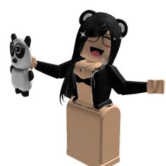 a woman holding a stuffed panda bear on top of a blocky brick figure with her arms outstretched