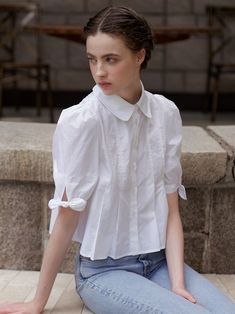 Designer fashion, Seoul-fully created | W Concept Rounded Collar Shirt, Puffed Sleeves Outfit, Corset Fashion Outfits, Persian Fashion, Causal Dresses, Stylish Work Outfits, Cute Shirt, Street Style Chic, Shoulder Shirts