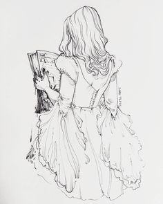 a black and white drawing of a girl in a dress holding a book with her hand