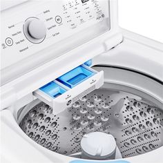 a washing machine with the door open and two blue buttons on it's knobs