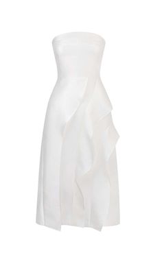 BANDEAU RUFFLES MIDI DRESS IN WHITE Strapless Midi Dress With Ruffled Skirt, Strapless Midi Ruffle Dress For Cocktail, Strapless Midi Dress With Ruffles For Cocktail, Elegant Strapless Ruffle Dress, Elegant Midi Dress With Ruffle Hem And Sweetheart Neckline, Elegant Strapless Dress With Ruffle Hem, Strapless Midi Dress With Ruffles, Elegant Summer Ruffle Dress With Sweetheart Neckline, White Midi-length Elegant Ruffle Dress