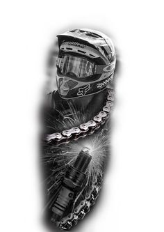 a black and white photo of a person wearing a motorcycle helmet with chains on it