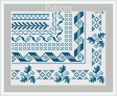 a cross stitch pattern with blue flowers and leaves