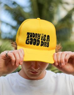 SPREAD GOOD VIBES IN OUR NEW SIGNATURE YELLOW "TODAY IS A GOOD DAY" TRUCKER HAT. THE PERFECT HAT FOR ALL YOUR ADVENTURES! Today Is A Good Day, Coffee Stickers, Good Vibes, Good Day, Hats For Men, Trucker Hat, Hats, Yellow