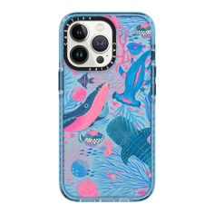 an iphone case with blue and pink fish on it