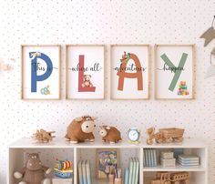 three children's toys are sitting on a shelf in front of wallpapered walls