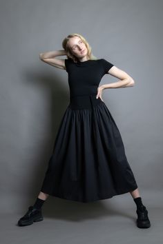 Rachel Mills Mini Tee Maxi Dress - Black on Garmentory Gathered Skirt Dress For Work With Loose Fit, Relaxed Fit Gathered Skirt Dress For Work, Black Ruched Dress With Tiered Skirt, Black Tiered Skirt Dress With Ruched Detail, Stretch Pleated Tiered Skirt Dress, Stretch Tiered Dress With Pleated Skirt, Gathered Long Skirt Dress For Work, Long Skirt Dress With Gathered Detail For Workwear, Black Midi Dress With Gathered Skirt