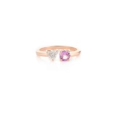 This is part of Chairish’s Fine Jewelry assortment.  Diamond Heart and Pink Sapphire Two Stone Open Ring in 18K Gold featuring natural pink sapphire of 0.38 carats and diamond of 0.34 carats. The gorgeous handcrafted ring goes with every style. Sapphire stimulates concentration and reduces stress. Designed with a heart cut diamond set on one side and round pink sapphire set on other side making a Toi et Moi ring that makes it a perfect fit to wear it on your occasion or style it with any of your Pink Diamond Promise Ring In Fine Jewelry Style, Anniversary Pink Sapphire Ring With Rose Cut Diamonds, Fine Jewelry Pink Sapphire Promise Ring, Fine Jewelry Pink Gold Diamond Ring With Pink Sapphire, Fine Jewelry Pink Sapphire Diamond Ring In Pink Gold, Gift Pink Sapphire Ring With Rose Cut Diamonds, Luxury Pink Gold Ring With Pink Sapphire, Luxury Pink Sapphire Diamond Promise Ring, Pink Sapphire Ring With Rose Cut Diamonds As Gift