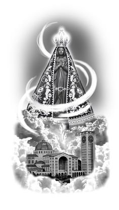 the virgin mary is surrounded by clouds in black and white