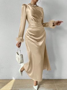 Champagne Elegant Collar Long Sleeve Woven Fabric Plain A Line Embellished Non-Stretch  Women Clothing Simple Dress For Graduation Party, Plain Fabric Dress Designs, Dress Pink Hijab, Modest Graduation Outfit, Simple Long Sleeve Dress, Elegant White Dress, Pink Long Dress, Casual Summer Outfits For Women