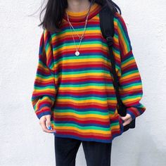 Rainbow Oversized Knit Striped Knitted Sweater, Pullover Outfit, Rainbow Outfit, Rainbow Sweater, Pride Outfit, Grunge Look, Oversized Knitted Sweaters, Oversize Knit, Long Sleeve Knit Sweaters