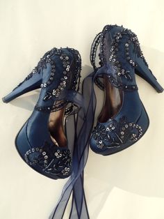 "Navy blue lace embellished wedding shoes for bride or bridesmaids, custom heel heights available. These navy wedding heels will be an elegant \"something blue\" on your big day! Custom wedding gift, personalized engagement gift, gift for her. Navy blue satin bridal shoes are designed with embroidered lace. Navy beads and shiny sequins are used on the embroidery and organza ribbons tie on the front. They are made of soft smooth satin and delicate lace, each handmade item is unique and can differ Embellished Wedding Shoes, Navy Blue Wedding Shoes, Royal Blue Wedding Shoes, Lace Bridal Shoes, Wedding Shoes For Bride, Custom Heels, Navy Wedding Shoes, Converse Wedding Shoes, Wedding Shoes Sandals