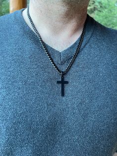 Details:  * Material: Stainless steel * Color: Polished black  * Size of cross: 40mm x 20mm * Chain style: 5mm Cuban Curb * Width of the chain: 5mm * Custom engravable, handmade jewelry! * Nickel free, hypoallergenic! * Safe to wear in the shower or at the gym! * Makes a great baptism gift or can be used as memorial jewelry! This amazing cross and Cuban chain looks fantastic on and feels grat to wear. It has some weight but not too much and the cross is removable when you don't want it on, two l Engraved Cross, Custom Cross, Steel Cross, Gift Envelope, Black Cross, Christmas Gifts For Him, Jewelry Black, Jewelry Christmas, Christmas Gift Jewelry