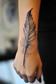 Feather tattoo on a person's forearm with artistic shading and dot accents. Free To Be Me Tattoo, Feather Tatoos Woman, Sister Feather Tattoos, Feather Tattoo Women, Feather And Flower Tattoo, Fine Line Feather Tattoo, Feather Tattoos For Women, Feather Tattoo Chest, Native American Tattoos For Women