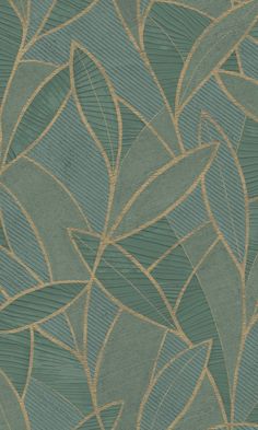 a blue and gold wallpaper with leaves on it