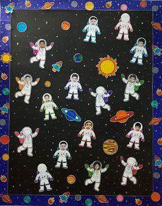 an image of children's outer space stickers on a blue and black background