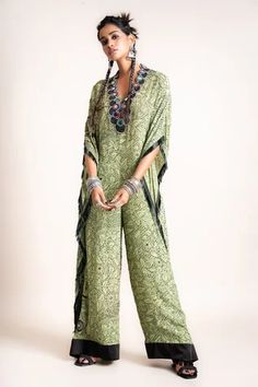 Shop for Nupur Kanoi Green Crepe Printed Kaftan Jumpsuit for Women Online at Aza Fashions Boho Kaftans, V Neck Kaftan, Embroidered Peacock, Kaftan Pattern, Printed Kaftan, Flowy Jumpsuit, Green Peacock, Jumpsuit For Women, Kaftan Style