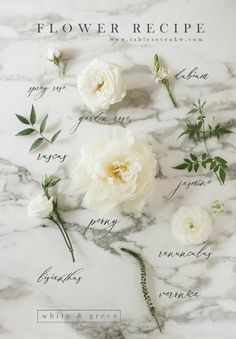 white flowers on a marble surface with the words flower recipe written in black and white