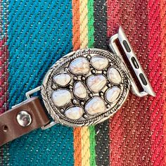 High polish textured western concho style oval shape design with white gemstones. Fits 38-40MM Apple Watch White Gemstones, Shape Design, Watch Band, Oval Shape, Watch Bands, Apple Watch, Band, Gemstones, White