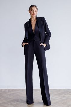 Fabric: crepe, satin lapels Cotton 65%, Polyester 35% Single breasted (1 buttons) Peak lapels Flap pockets Wide-leg pants Jacket length: 65 cm/ 25,5 in Sleeve length: 62 cm/ 24,4 in Vest length: 45 cm/ 17,7 in Pants length (inseam): 90 cm/ 35,4 in Black Pant Suit, Pant Suits For Women, Tuxedo Women, Costume Noir, Power Suit, Three Piece Suit, Black Suit, 3 Piece Suits, Pantalon Large