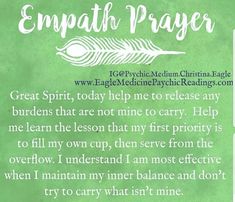 a green paper with the words empath prayer written in white on it and an image of a feather