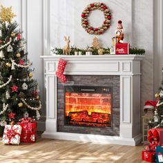 a fireplace decorated with christmas decorations and presents