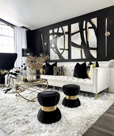 black and white living room with gold accents