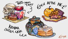 three different types of cakes and desserts are shown in this cartoon style drawing, with captioning above the image