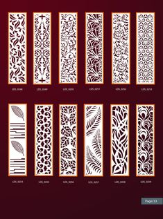 an assortment of laser cut designs on a red background