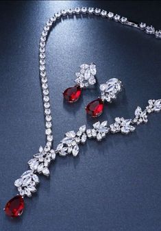 Women's Gold Zircon Crystals Earrings & Necklace Set - A.A.Y FASHION Luxury Red Jewelry Sets With Elegant Design, Luxury Red Jewelry Channel Set, Luxury Red Jewelry Sets For Women, Luxury Red Crystal Jewelry Sets, Red Jewellery Set, Asymmetrical Jewelry, Red Jewellery, Crystal Jewelry Sets, Copper Style