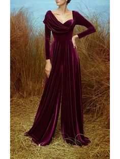 Jumpsuits Evening Gown Elegant Dress Formal Evening Sweep / Brush Train Long Sleeve Sweetheart Fall Wedding Guest Velvet V Back with Pleats Slit 2024 2024 - $130.99 Purple Velvet Prom Dress, Prom Dress 2022, Halter Dress Casual, Purple Evening Gowns, Velvet Prom Dress, Night Club Dress, Dresses Formal Elegant, Evening Gowns Elegant, Mini Dress Fashion