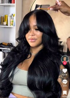 Big Body Curls Black Women, Wig With Bangs And Curls, Big Half Up Half Down Hair, Deep Side Part With Layers, 30 Inch Bussdown Side Part, Black Wig With Layers, 28 Inch Sew In, Layered Wig Black Women, Big Hair Black Women