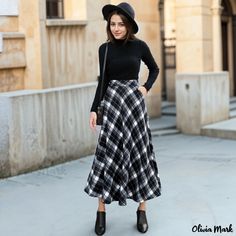 Olivia Mark - Winter Plaid Maxi Skirt: High-waisted, Slim-fit Wool Midi Skirt for Layering Plaid Midi Skirt, Midi Skirt Pattern, Fluffy Skirt, High Waisted Maxi Skirt, Winter Plaid, Skirts Midi High Waisted, Denim Pencil Skirt, Black And White Plaid, Winter Skirt