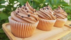 three cupcakes with chocolate frosting and sprinkles on a wooden tray