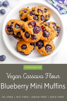 blueberry muffins on a white plate with text vegan cassana flour