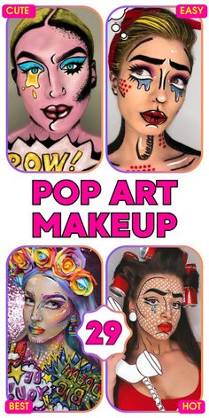 Achieve an amazing pop art makeup look this Halloween with easy tutorials. Inspired by Roy Lichtenstein's comic book art, these ideas transform your face into a living cartoon. Whether you want to be a zombie, Barbie, or Wonder Woman, pop art makeup offers unique and creative Halloween makeup ideas. Perfect for men, women, and girls, this look stands out with its black and white lines and bold colors, fitting any Halloween trend. Comics Makeup Pop Art, Pop Art Makeup Ideas, Art Makeup Ideas, Unique Makeup Ideas, Pop Art Makeup Tutorial, Pop Art Halloween Costume, Comic Book Makeup, Comic Makeup, Pop Art Costume