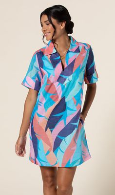 Living Large Monica Dress Printed Short Sleeve Shirt Dress For Beach, Blue Bold Print Dress For Vacation, Blue Dress With Bold Print For Vacation, Summer Beach Printed Shirt Dress, Multicolor Summer Shirt Dress For Beach, Multicolor Tropical Dress For Resort Season, Casual Multicolor Shirt Dress For Beach, Casual Multicolor Shirt Dress For The Beach, Short Sleeve Dresses For Poolside