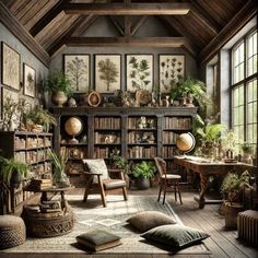 a room filled with lots of books and plants