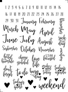 the months and dates for each month in black ink on a white paper with hearts