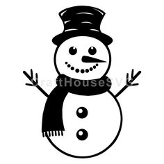 a black and white snowman wearing a top hat, scarf and mittens with his hands in the air