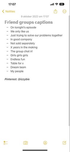an iphone screen with the text friend groups captions in yellow and black on it