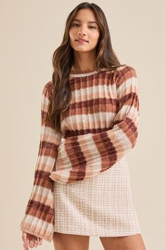 This ribbed striped pullover sweater features exposed detailing and cozy bell sleeves. Perfect for adding a touch of texture and style to your outfit. Striped Pullover, Altard State, Your Outfit, Altar'd State, Striped Sweater, Christmas Dress, Dress With Boots, Stripe Sweater, Pullover Sweater