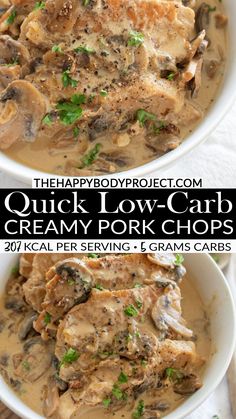 Looking for a quick, delicious meal? These Creamy Pork Chops are juicy, smothered in a rich mushroom sauce, and ready in just 40 minutes! Perfect for busy weeknights or whenever you want a satisfying low-carb dish with big flavor. Easy, indulgent, and made for any occasion. Make this Creamy Pork Chops and enjoy a flavorful dinner tonight! #LowCarbMeals #QuickDinner #PorkChopsRecipe #KetoFriendly #EasyMeals #WeeknightDinner | @HappyBodyProject Pork Chops Quick, Creamy Pork Chops, Leftover Pork Chops, Perfect Pork Chops, Keto Pork Chops, Keto Pork, Mushroom Pork Chops, Tender Pork Chops, Flavorful Dinner