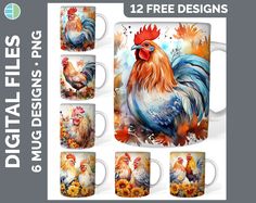 coffee mugs with chickens and flowers on them, all in the same color scheme