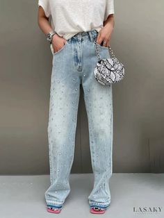 Lasaky - Stylish Retro High-Waisted Button-Front Pearl Embellished Gradient Trousers Korean Fashion Jeans, Denim Decor, Streetwear Jeans, Heavy Industry, Jeans Wide, Vintage Belt Buckles, Fashion Jeans, Vintage Belts, Jeans For Women