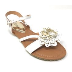 Flat sandal with Flower detail across top band. Buckle closure at the ankle provides additional comfort and ease with this style. Size: one size. Color: White. Gender: female. Age Group: adult. Adjustable Flower Sandals, Adjustable Flower Sandals For Spring, Casual Summer Sandals With Flower Shape, Casual Flower-shaped Sandals For Summer, Adjustable White Sandals For Spring, Flower Shaped Summer Sandals For Spring, White Flower Shaped Sandals For Beach, Strappy Sandals Gladiators, Two Strap Sandals